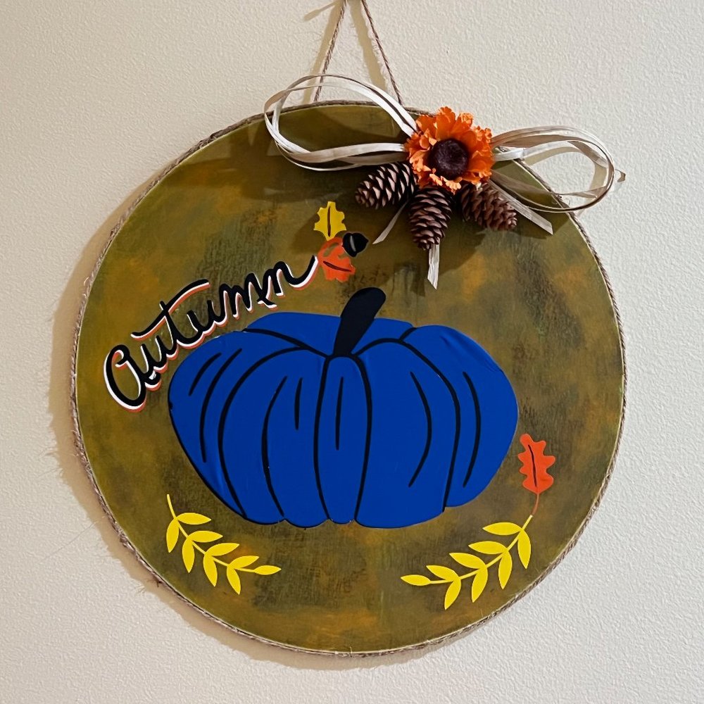 Handcrafted /Hand painted 14" x 14" wooden "Autumn" sign